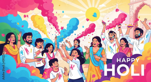 Vibrant holi celebration with colorful powders and joyful people dancing together under bright sunshine