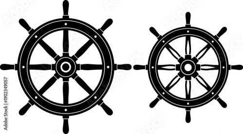 Ship wheel silhouette, nautical helm vector, maritime navigation artwork, black and white design, sailing symbol illustration, vintage steering wheel sketch