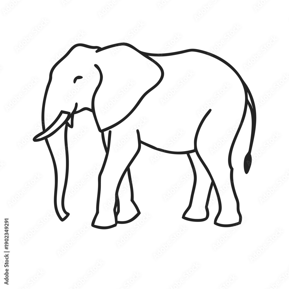 Fototapeta premium Minimal line art African elephant vector illustration in clean outline style. Full body elephant standing, side view, isolated on white background. Clean monochrome contour drawing 