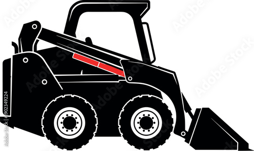 Skid steer loader silhouette, construction equipment vector, compact loader machine illustration, heavy machinery vehicle with bucket, industrial engineering isolated design