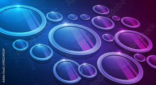 Vibrant purple and blue gradient background with shiny reflective bubbles of various sizes floating across