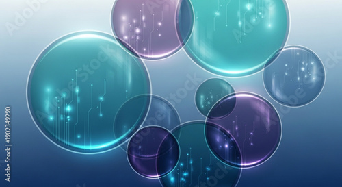 Glowing translucent bubbles in shades of blue and purple floating on a gradient background