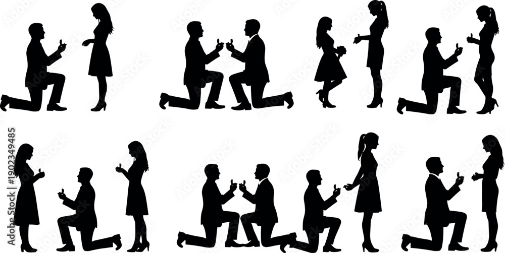 Obraz premium Romantic Silhouettes of Men Proposing to Women and Men Proposing to Men on Knees with Engagement Rings Collection