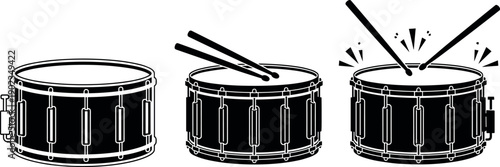 Snare drum illustration, percussion instrument vector, drumsticks artwork, music performance sketch, black and white drum design, rhythmic sound effect drawing