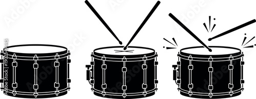 Snare drum sequence illustration, percussion instrument vector, drumsticks artwork, rhythmic music sketch, black and white drum design, dynamic sound effect drawing