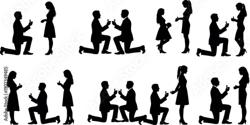 Romantic Silhouettes of Men Proposing to Women and Men Proposing to Men on Knees with Engagement Rings Collection