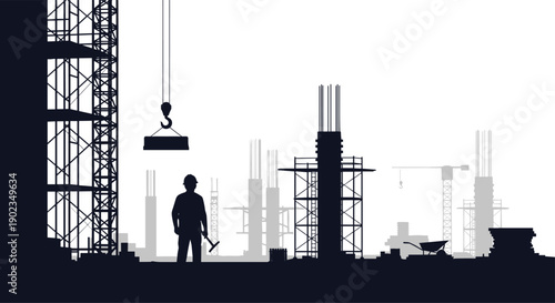 Silhouette of a Construction Site with Workers Cranes and Scaffolding at Dusk for Urban Development Project.