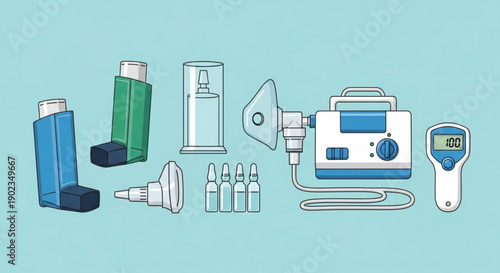 Medical asthma inhalers nebulizer peak flow meter and medication on blue background for respiratory health
