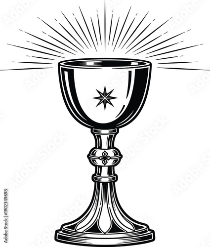 Majestic Black and White Vector Illustration of a Detailed Ornate Holy Grail Chalice with Shimmering Light Rays and Star Symbol for Religious Spiritual Designs.