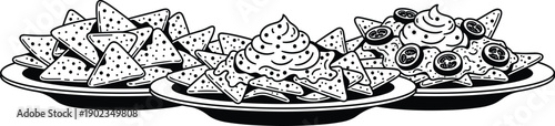Detailed Black and White Vector Illustration of Three Plates of Crunchy Tortilla Nachos with Melted Cheese Dip and Jalapeños for Mexican Food Snack Design.