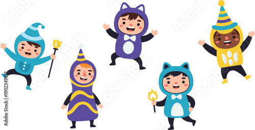 Cute Kids Wearing Fantasy Wizard and Animal Costumes Collection Isolated on White Background Vector Illustration Set