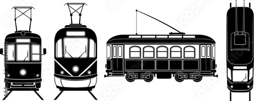 Tram silhouette illustration, streetcar vector art, black and white transport design, urban railway drawing, minimal tram artwork, city transit vehicle sketch