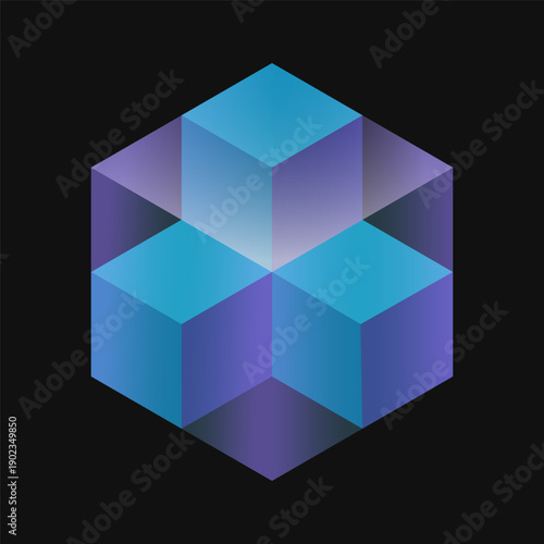 Group of cubes in another one. Transparent geometric shape.