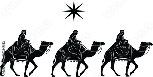 Detailed Black Silhouette Vector Illustration of the Three Wise Men Riding Camels Under a Bright Shining Star for Christmas Nativity and Religious Design.