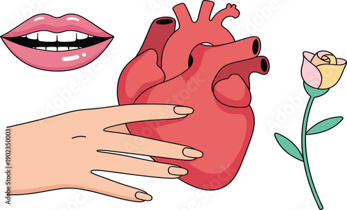 Five senses vector concept with anatomical heart, human hand, open mouth with teeth and a rose flower on white background.