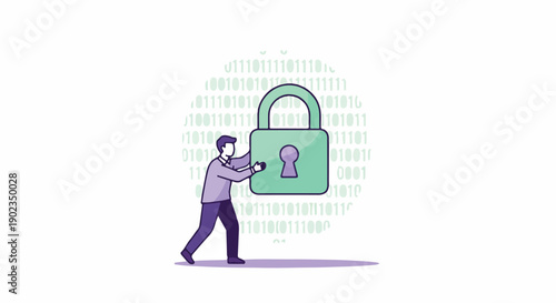 Man protecting a padlock with binary code background, symbolizing data security and cybersecurity protection.
