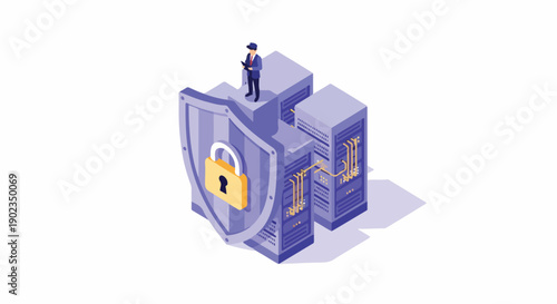 Cybersecurity concept: Businessman standing on server rack protected by shield and lock, representing data security and protection