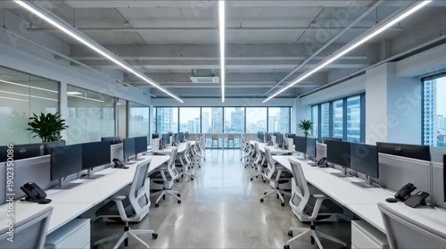 Modern corporate office interior, focus on empty open-plan space with computer desks, chairs, and large windows with city view