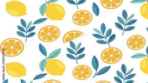 MobileSeamless lemon fruit pattern with citrus slices and leaves colorful fresh summer background vector illustration for textile and wallpaper design