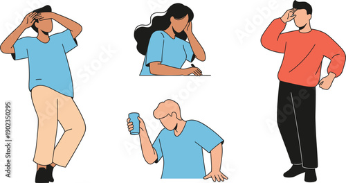 Set of people in different poses expressing headache, stress and exhaustion, flat vector illustration on white background.