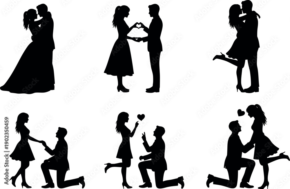 Obraz premium Set of romantic couple silhouettes featuring wedding bride and groom, engagement proposals, kissing, and heart shapes isolated on white background