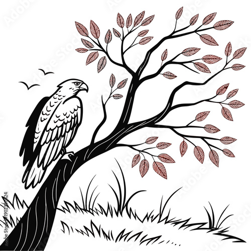 A serene scene of two birds perched on a bare tree branch with autumn leaves.