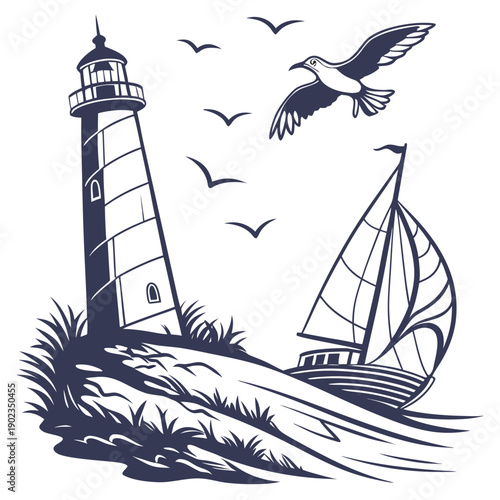 A serene seascape with a lighthouse, sailboat, and seagulls