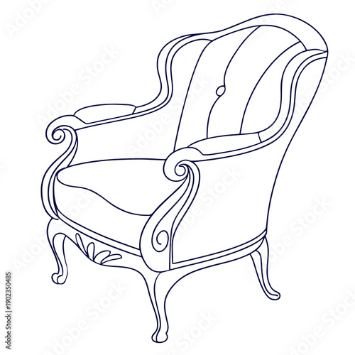 Elegant vintage armchair with intricate carved wooden details and plush cushioning