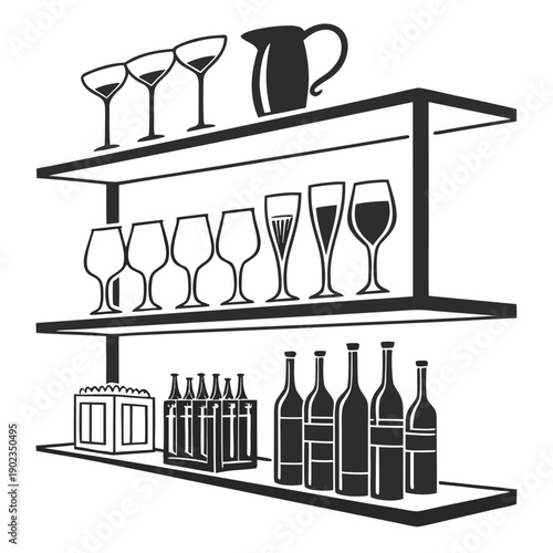 A well-stocked bar with a variety of glasses and bottles on shelves