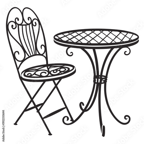 A vintage style chair and round table with intricate metalwork design