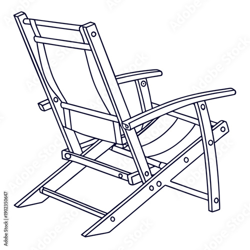 A detailed line drawing of a classic folding beach chair with armrests and a backrest.