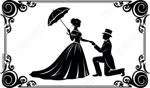 Victorian Silhouette Couple Proposal Scene with Man Kneeling and Woman Holding Parasol in Ornate Frame Vector Illustration