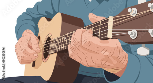 Close-up of a Person's Hands Playing Chords on an Acoustic Guitar for Music Performance or Hobby Skill.