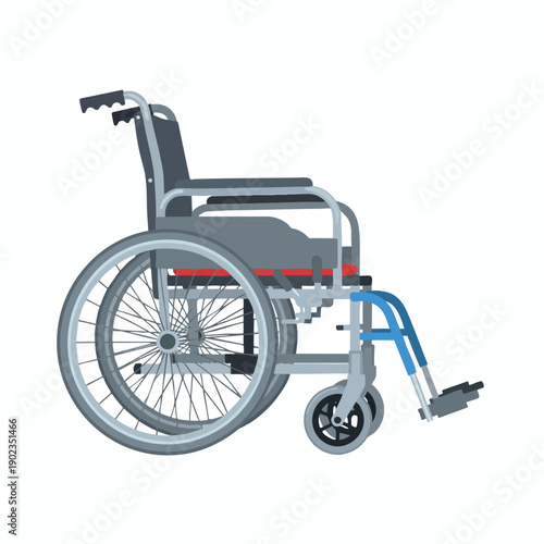 Silver wheelchair with red brakes on white background