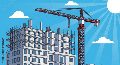 Construction site with crane and building under development in sunny blue sky with clouds