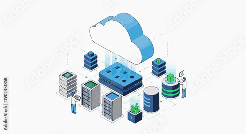 Modern cloud computing concept with interconnected servers data storage and communication devices isolated on transparent background