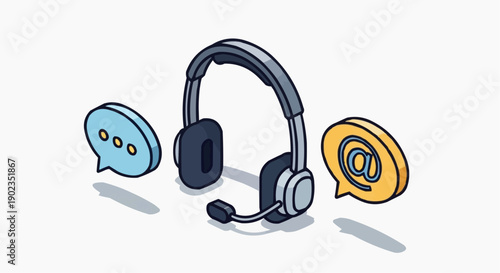 Customer service headset with chat bubbles and email symbol isolated on transparent background