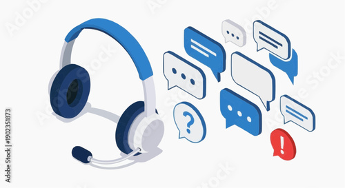 Blue and white headset with speech bubbles and notification icon symbolizing communication on transparent background