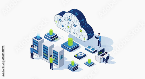 Modern cloud computing concept with servers databases and professionals on transparent background