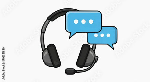 Black headset with microphone and blue speech bubbles symbolizing communication on transparent background