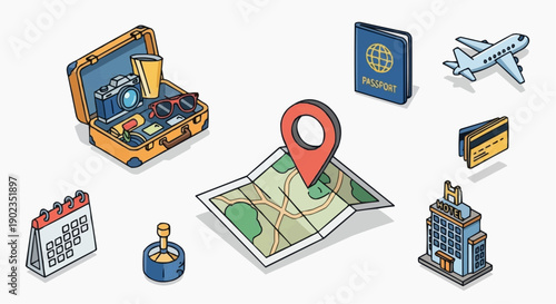 Colorful travel icons including suitcase map plane passport hotel and calendar isolated on transparent background