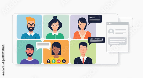 Diverse group of professionals communicating through chat bubbles and documents isolated on transparent background