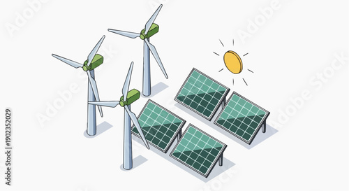 Wind turbines and solar panels with sun symbolizing renewable energy and sustainability on transparent background