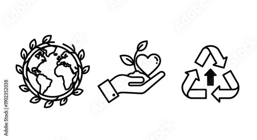 Sustainability icons set with earth globe leaves, caring hand holding heart plant, and recycle symbol in clean outline style for eco friendly conservation design