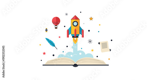 Rocket Launching from an Open Book with Floating Educational and Creative Icons for Knowledge Concept.