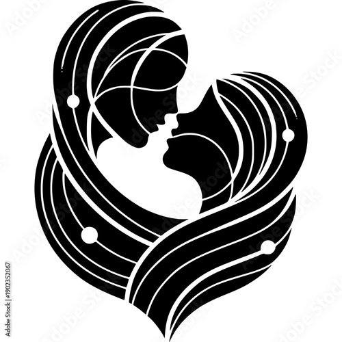Eternal Embrace: An evocative illustration of two figures entwined, their silhouettes forming a heart, a timeless symbol of love, connection, and eternal union.