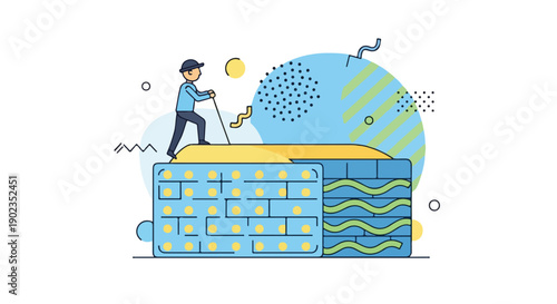 Person sweeping or cleaning an abstract textured platform, symbolizing effort, progress, or maintenance in a modern flat line art illustration.