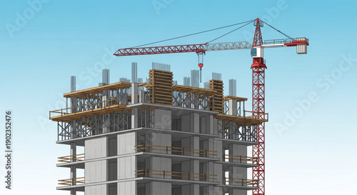 Multi story building under construction with crane lifting materials against clear blue sky