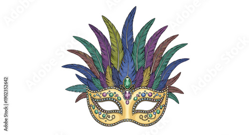 Elegant Gold Venetian Masquerade Mask Decorated with Colorful Purple Green and Blue Feathers