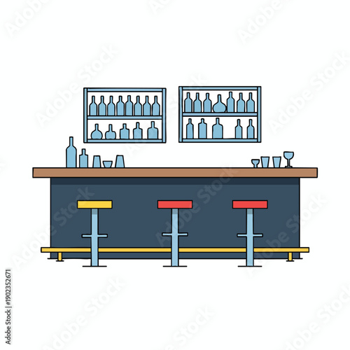 Bar Counter with Stools and Bottles